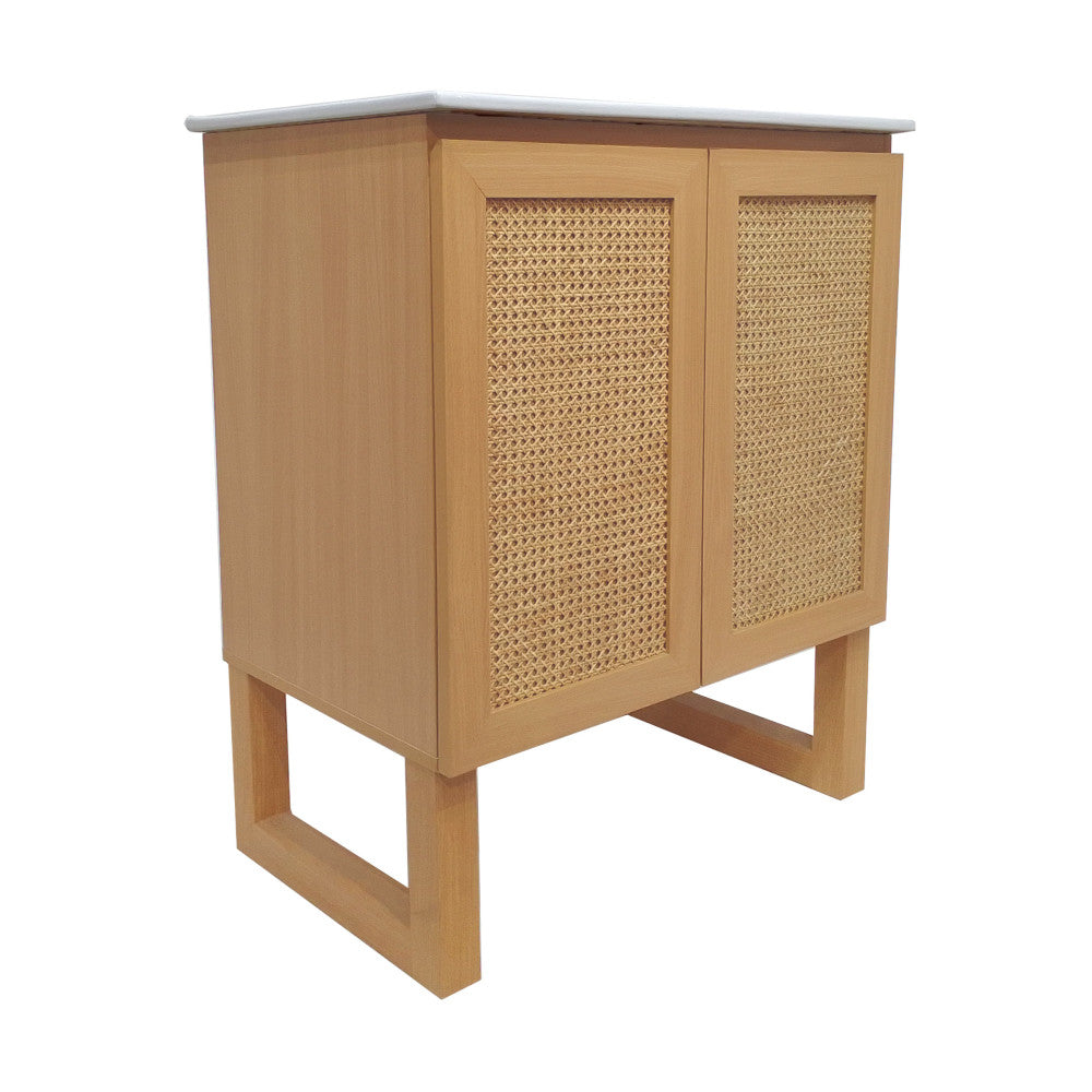 30-inch freestanding natural oak bathroom vanity with woven rattan cabinet doors and white sink top.