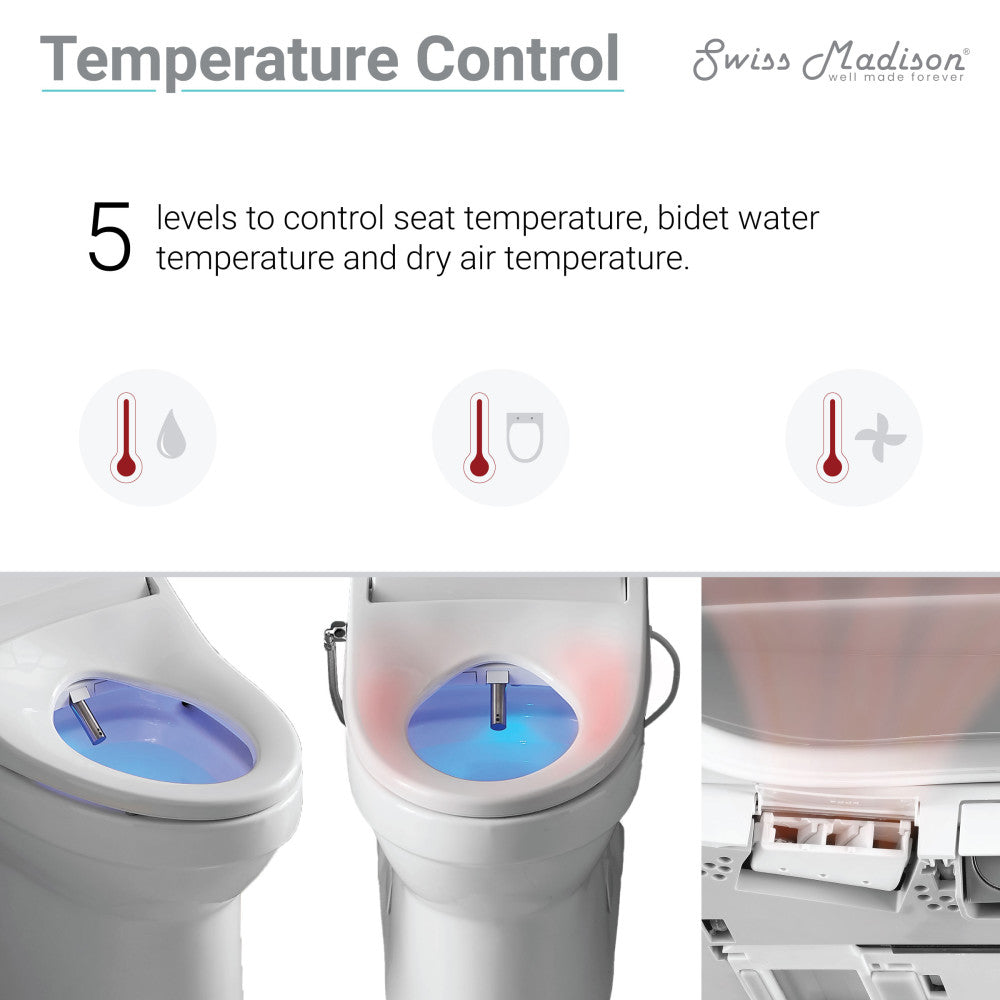 White elongated one-piece smart toilet with Vivante heated bidet seat and left side flush handle.