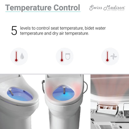 White elongated one-piece smart toilet with Vivante heated bidet seat and left side flush handle.