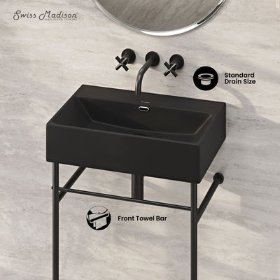 Claire 24" Rectangle Matte Black Zero Hole Console Sink with Matte Black Legs