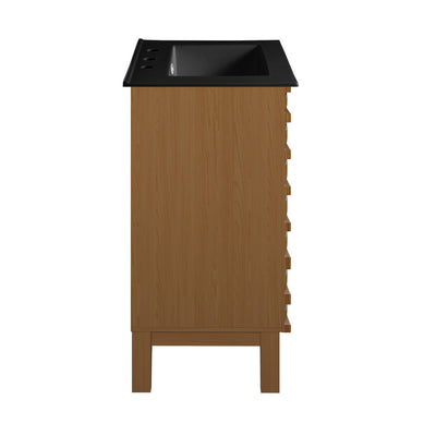 Cascade 24 in. Brown Oak Bathroom Vanity With Black, 3-Hole Ceramic Sink Top