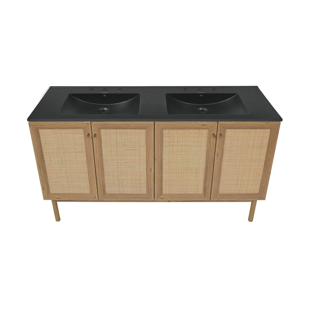 Classe 60" Freestanding Bathroom Vanity in Golden Oak with Black 3-Hole Widespread Double Basin Sink Top
