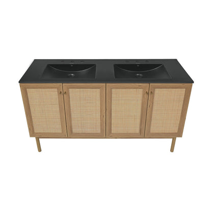 Classe 60" Freestanding Bathroom Vanity in Golden Oak with Black 3-Hole Widespread Double Basin Sink Top
