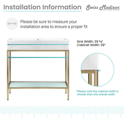 Pierre 40" Open Shelf Gold Frame Freestanding Bathroom Vanity with Sink Top