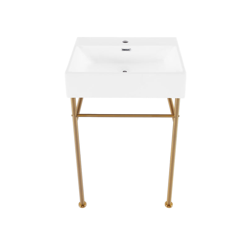 Claire 24 Ceramic Console Sink White Basin Brushed Gold Legs