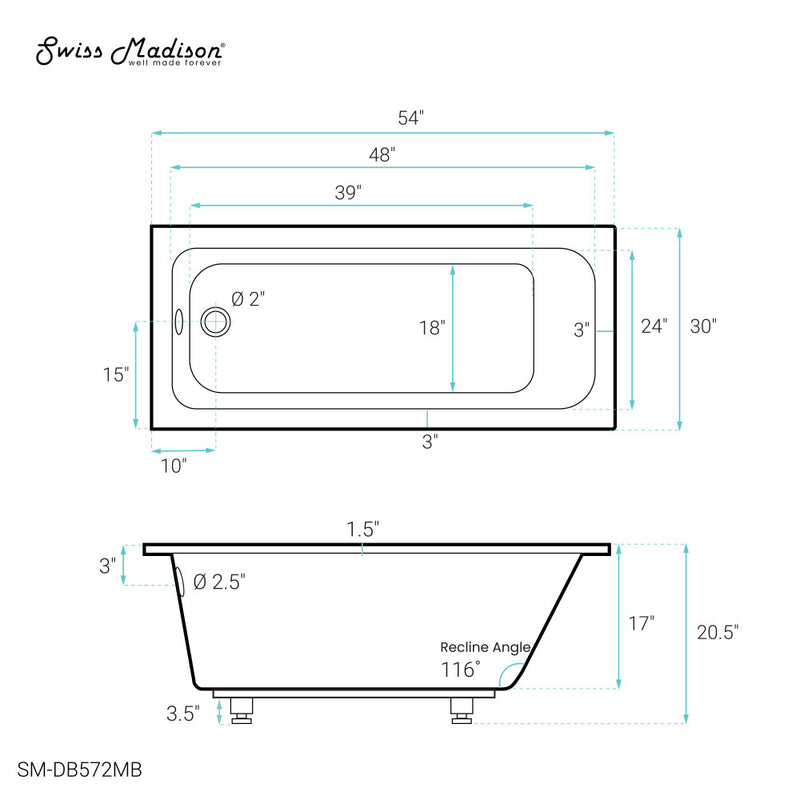 Voltaire 54" x 30" Reversible Drain Drop-In Bathtub in Matte Black