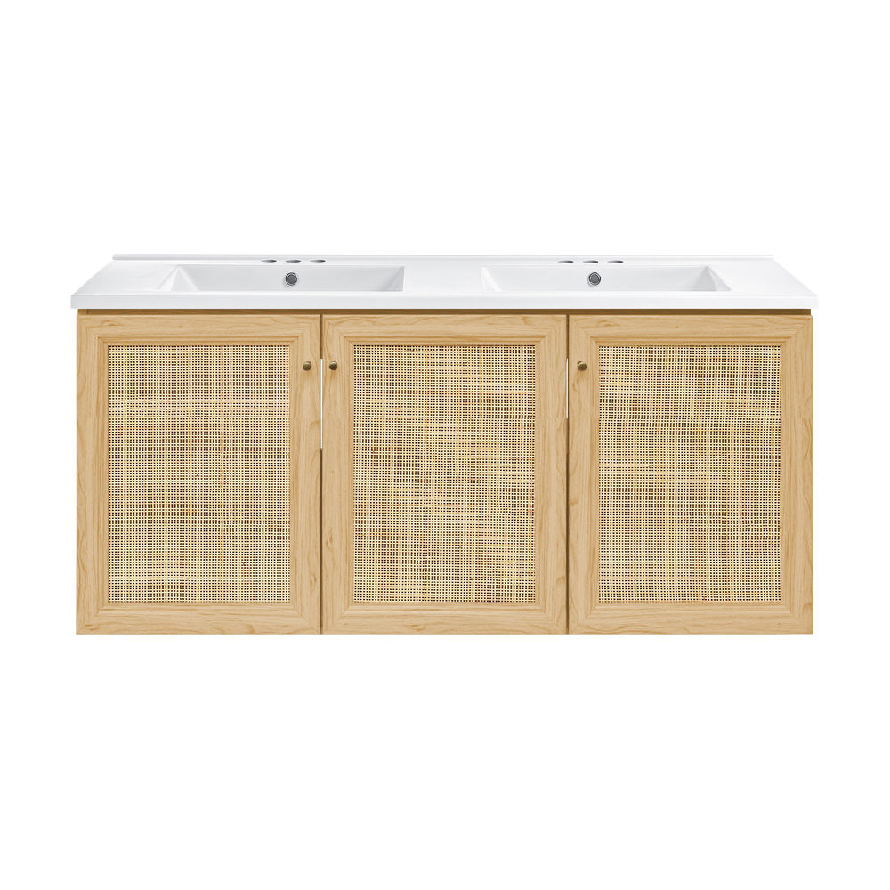 Classe 48" Wall-Mounted Bathroom Vanity in Natural Oak with 3-Hole Centerset Double Basin Sink Top