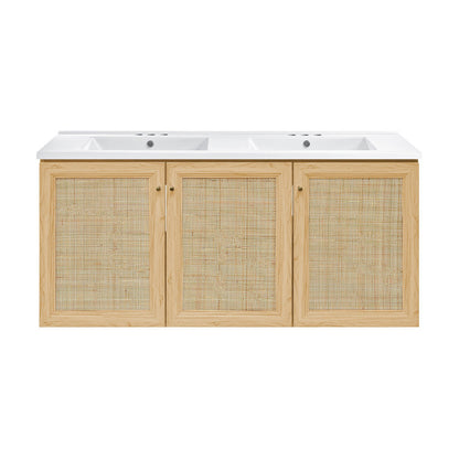 Classe 48" Wall-Mounted Bathroom Vanity in Natural Oak with 3-Hole Centerset Double Basin Sink Top
