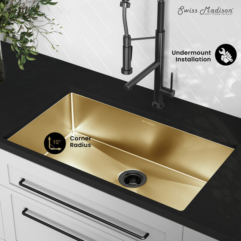 Rivage 32 x 19 Stainless Steel, Single Basin, Undermount Kitchen Sink, Gold