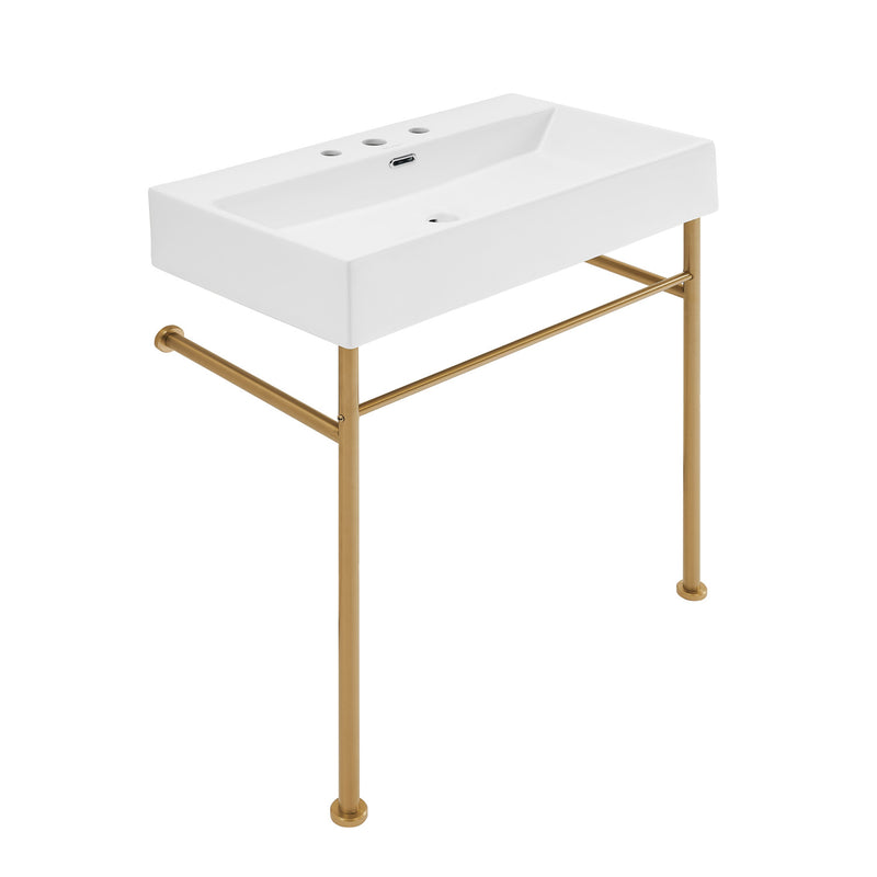 Claire 30" Console Sink White Basin Brushed Gold Legs with 8" Widespread Holes