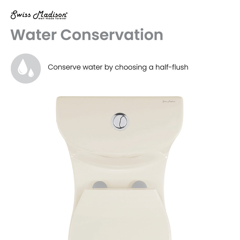 Elongated one-piece toilet in bisque with dual-flush button, soft-close seat, and smooth runoff design.