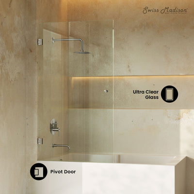 Voltaire 24 x 58 Frameless Pivot 3/8 in. (10mm) Ultra Clear Tempered Glass Tub Door with Nickel Brushed Hardware