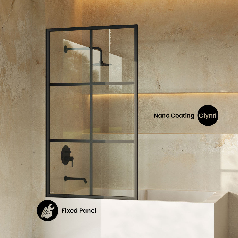 Virage 34 x 58 Framed Fixed 3/8 in. (10mm) Clear Tempered Glass Tub Door with Black Matte Frame