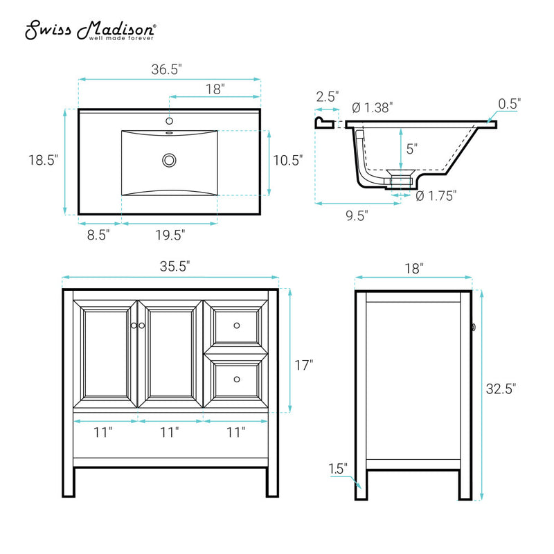 Château 36" Freestanding Bathroom Vanity in Black Oak with Sink Top