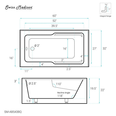 Voltaire 60" x 32" Left-Hand Drain Alcove Bathtub with Apron in Bisque