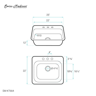 Ouvert 25 x 22 Stainless Steel, Single Basin, Top Mount Kitchen Sink