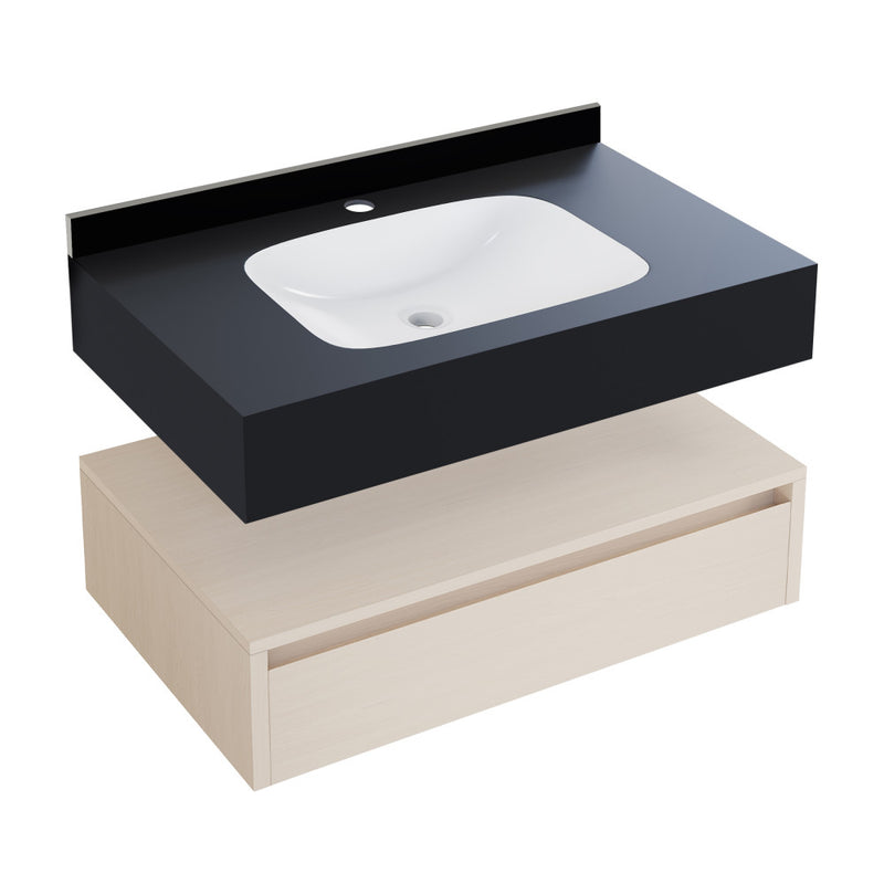 Avancer 36" Wall-Mounted Bathroom Vanity in White Oak with Black Marble Sink Top