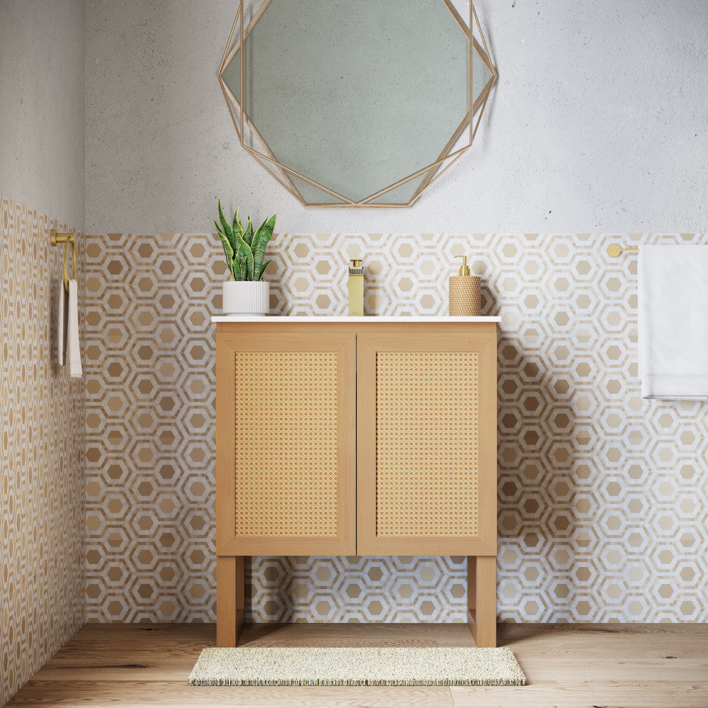 30-inch freestanding bathroom vanity in natural oak with single sink and woven door panels.