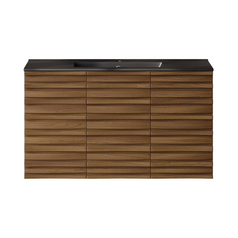 Cascade 36" Wall-Mounted Bathroom Vanity in Brown Oak with Black Sink Top