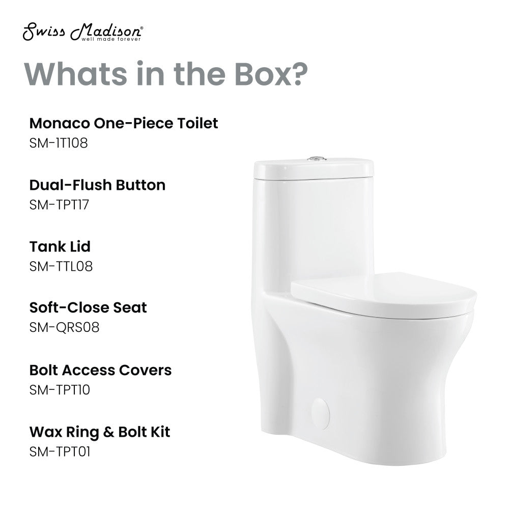 Elongated one-piece white toilet with dual-flush button, soft-close seat, and skirted trapway design.