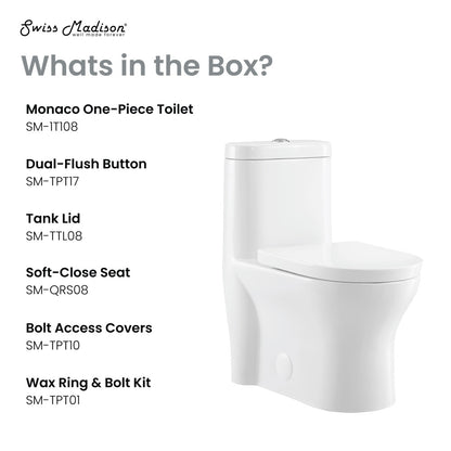 Elongated one-piece white toilet with dual-flush button, soft-close seat, and skirted trapway design.