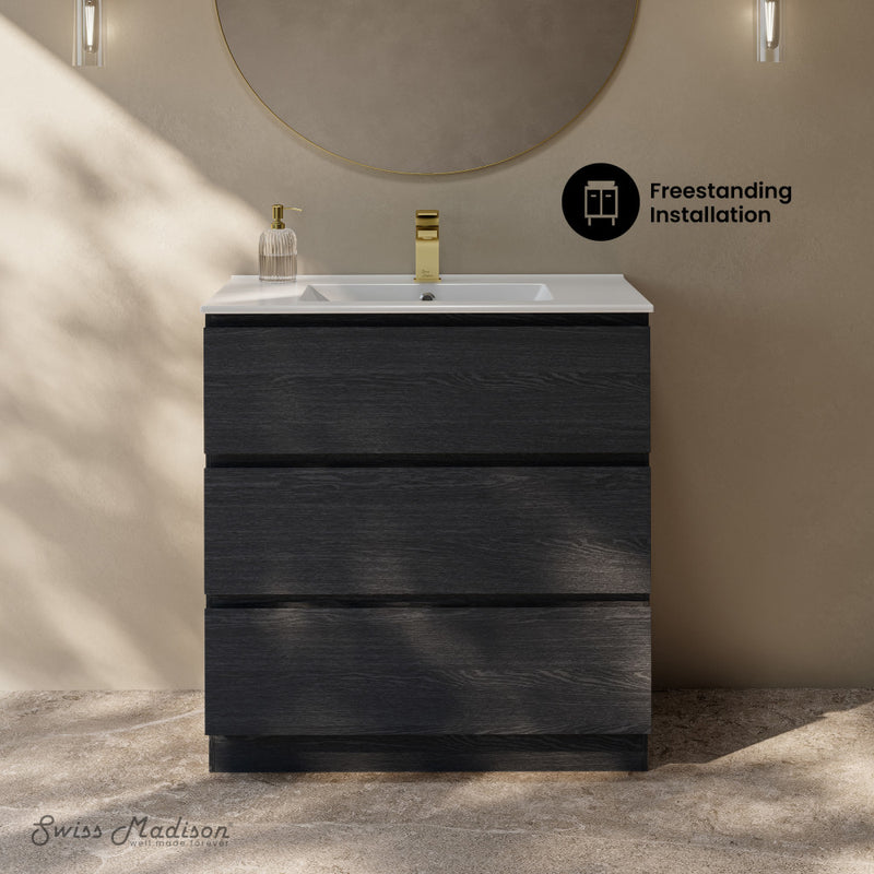 Liberte 30" Freestanding Bathroom Vanity in Black Oak with Sink Top