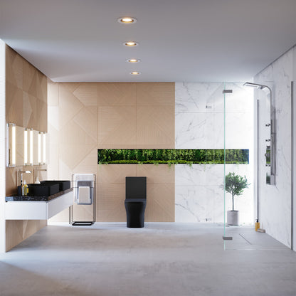 Elongated one-piece matte black toilet with dual flush and square design in modern bathroom setting.