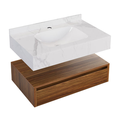 Avancer 36" Wall-Mounted Bathroom Vanity in Brown Oak with White Marble Sink Top