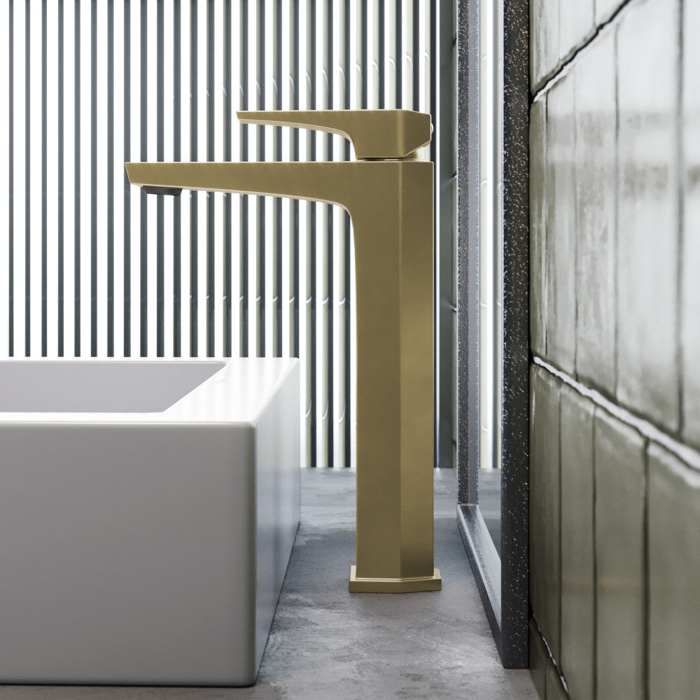 Single-handle high arc bathroom faucet in brushed gold with square base and sleek modern design.