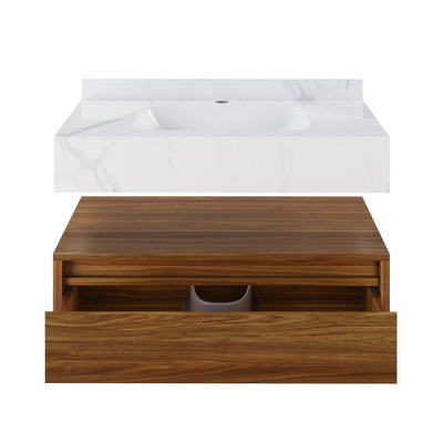 Avancer 36" Wall-Mounted Bathroom Vanity in Brown Oak with White Marble Sink Top