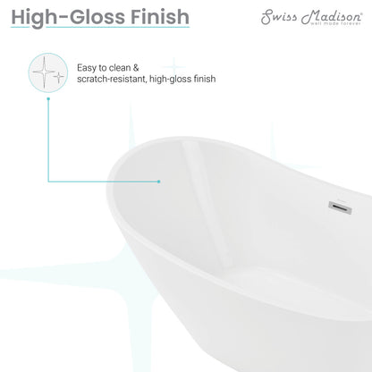 Freestanding soaking bathtub 67 inch in high-gloss white with smooth curved edges and center drain.