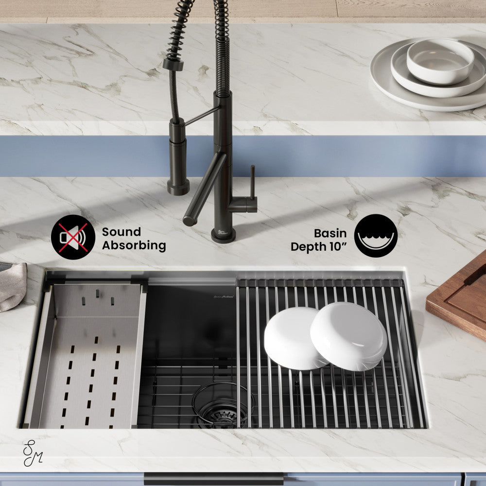 30 x 19-inch black stainless steel undermount kitchen workstation sink, single basin, 10-inch deep.