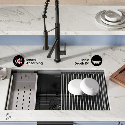 30 x 19-inch black stainless steel undermount kitchen workstation sink, single basin, 10-inch deep.