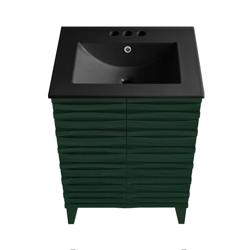 Cascade 24" Freestanding Bathroom Vanity in Green Oak with Black 3-Hole Centerset Sink Top