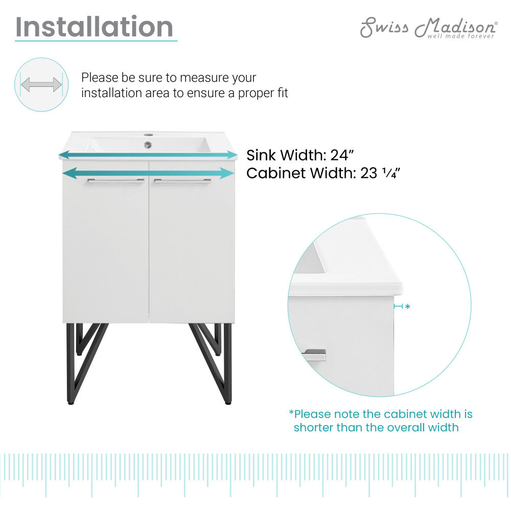 24-inch freestanding white bathroom vanity with sink top, soft-close doors and angled metal legs.