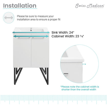 24-inch freestanding white bathroom vanity with sink top, soft-close doors and angled metal legs.