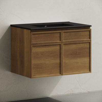 St. Tropez 30" Wall-Mounted Bathroom Vanity in Brown Oak with Black Sink Top