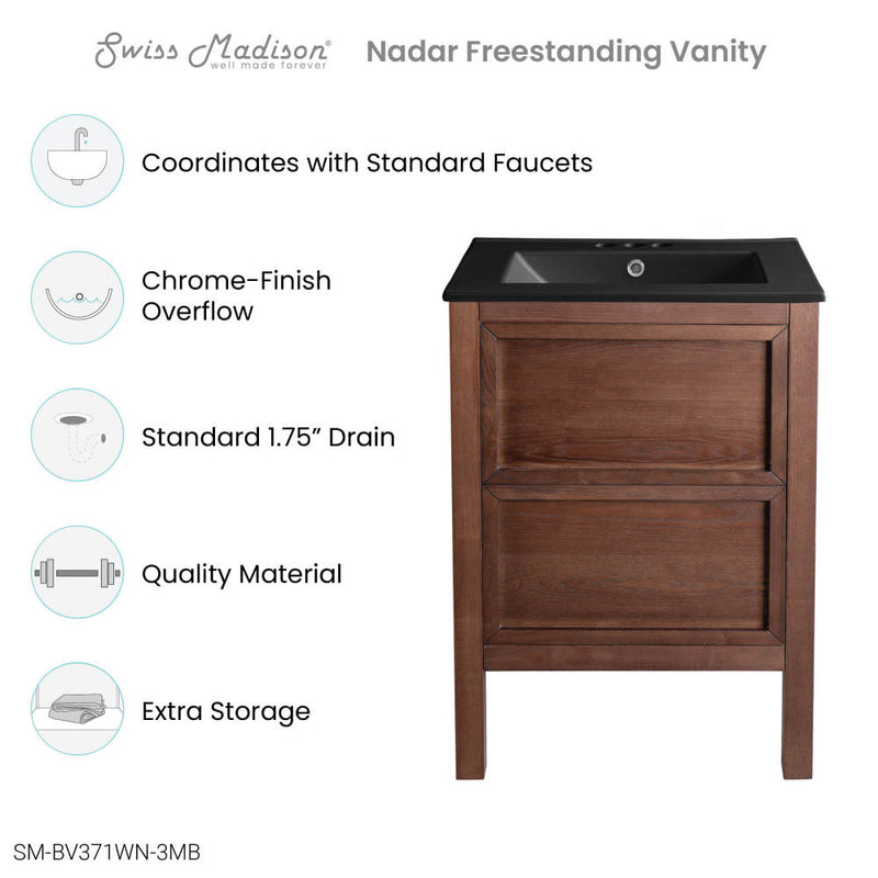 Nadar 24 in. Brown Walnut Bathroom Vanity With Black, 3-Hole Ceramic Sink Top