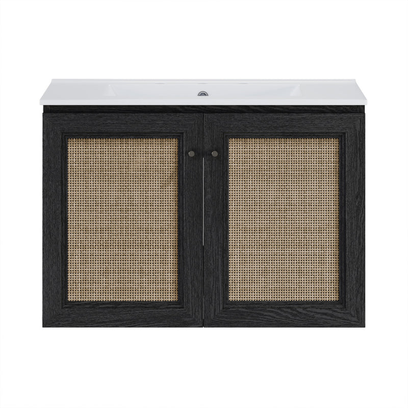 Classe 30" Wall-Mounted Bathroom Vanity in Black Oak with Widespread Faucet Holes Vanity Top