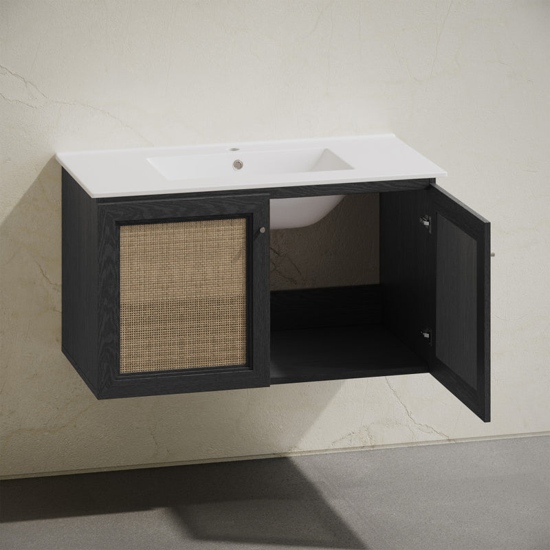 Classe 36" Wall-Mounted Bathroom Vanity in Black Oak with Single Faucet Hole Vanity Top