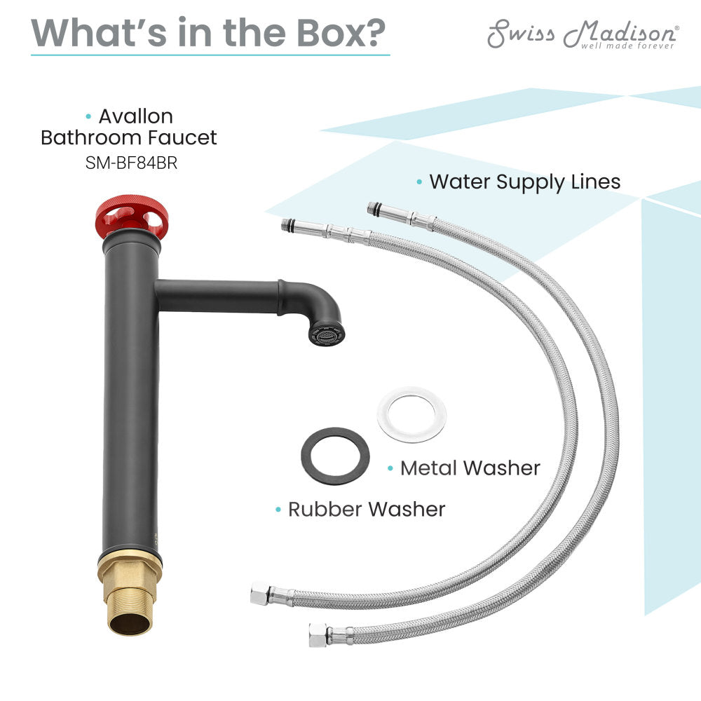 Single-handle high arc bathroom faucet in matte black with red wheel handle and metal base.