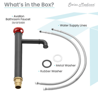 Single-handle high arc bathroom faucet in matte black with red wheel handle and metal base.