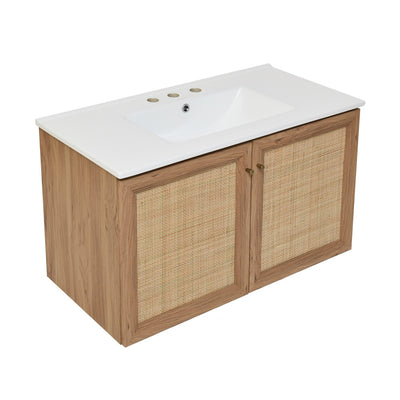 Classe 36 in. Brown Oak Wall Hung Bathroom Vanity With White, 3-Hole Ceramic Sink Top