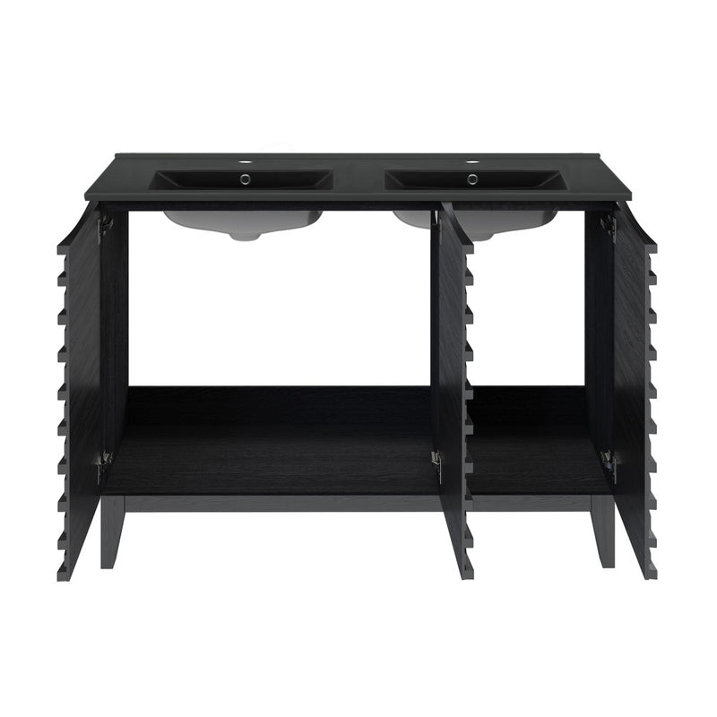 Cascade 48 in. Black Oak, Double Basin Bathroom Vanity With Black Ceramic Sink Top