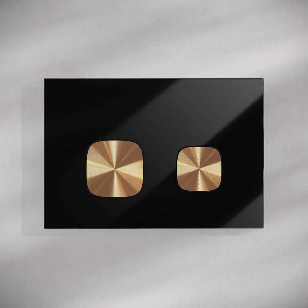 Verre Wall Mount Dual Flush Glass Actuator Plate in Glossy Black with Copper Flush Buttons