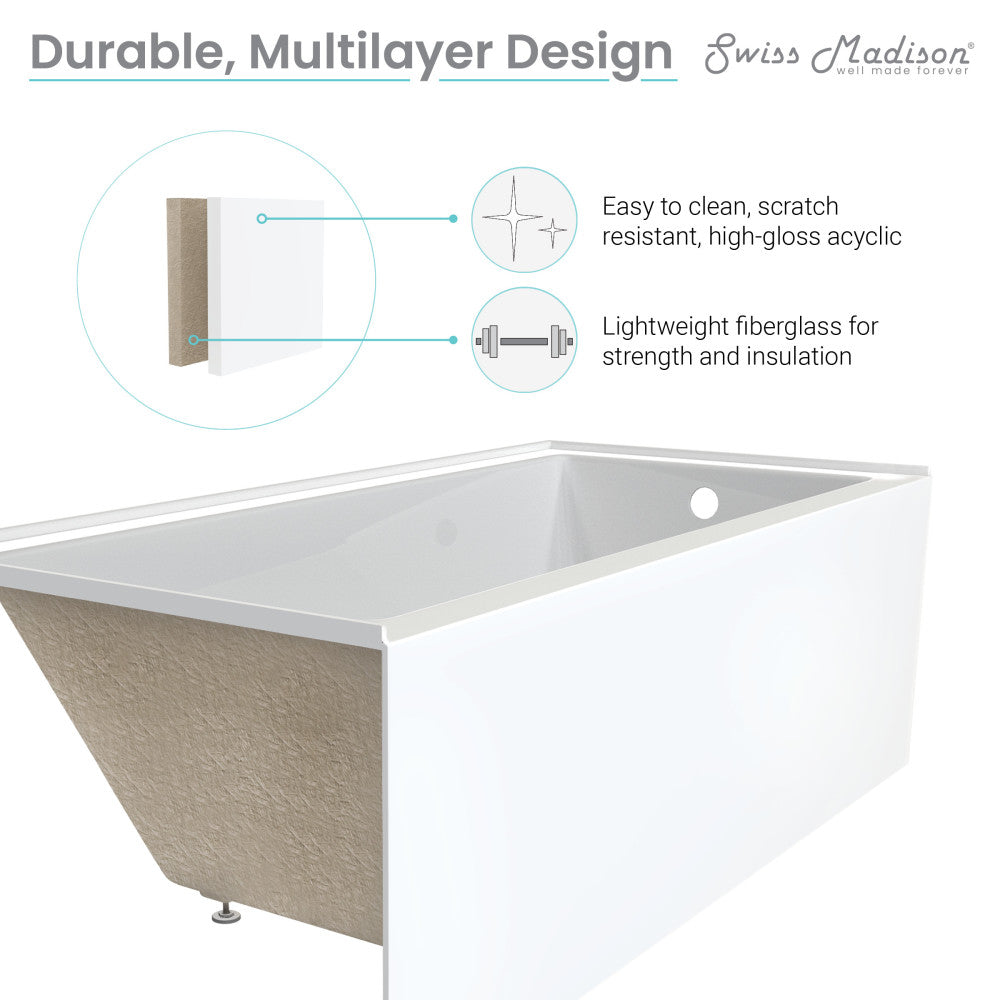Alcove skirted bathtub 60x32 inch with right-hand drain and apron front in white acrylic.