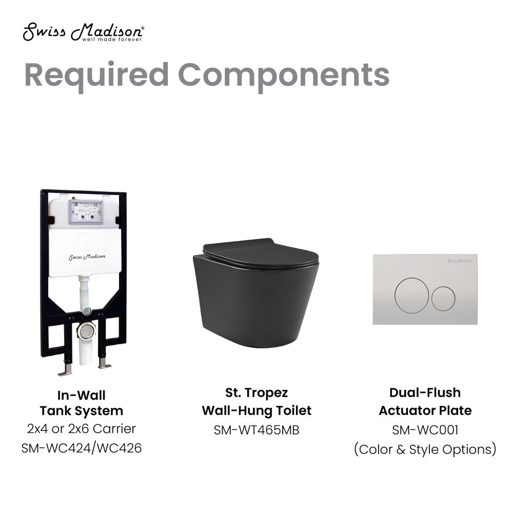 Round wall-hung toilet bowl in matte black with soft-close seat and dual-flush actuator plate visible.