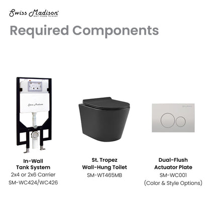 Round wall-hung toilet bowl in matte black with soft-close seat and dual-flush actuator plate visible.