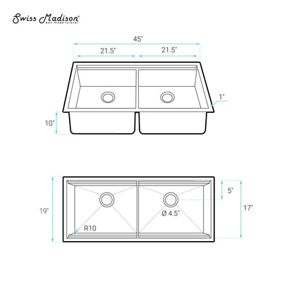 Rivage 45 x 19 Dual Basin Undermount Kitchen Workstation Sink