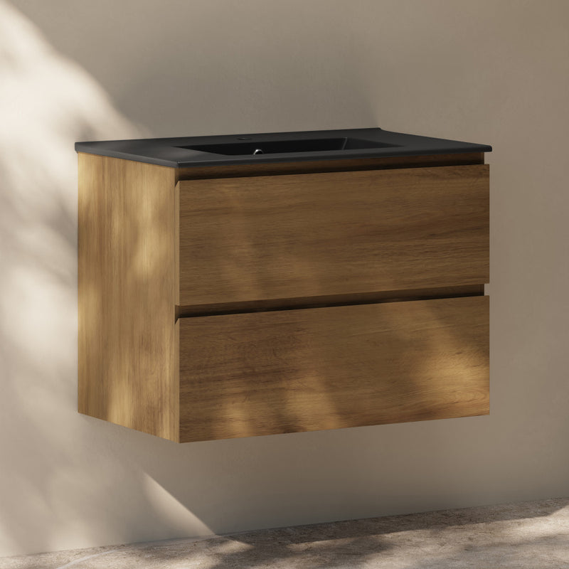 Liberte 30" Wall-Mounted Bathroom Vanity in Brown Oak with Black Sink Top